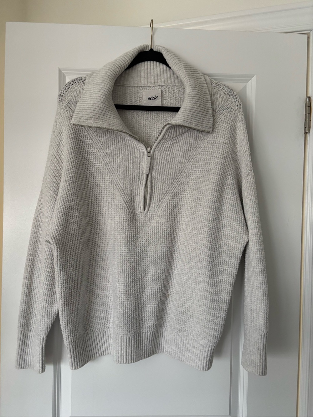 Aerie women’s Half-Zip Collar Sweater in Light Gray